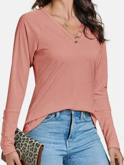 Decorative Button V-Neck Long Sleeve T-Shirt Women's T-Shirts - Tophatter Daily Deals